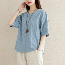 2025夏季棉麻胖妹妹提花上衣哈伦裤显瘦套装大码女装亚麻短袖两件