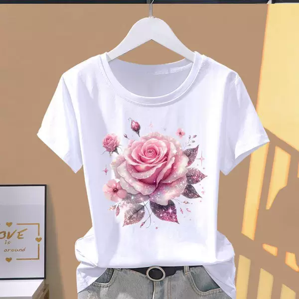 Floral Print Round Neck Stylish Fashion Top for Summer, Ins Casual Women's Short-Sleeve T-Shirt