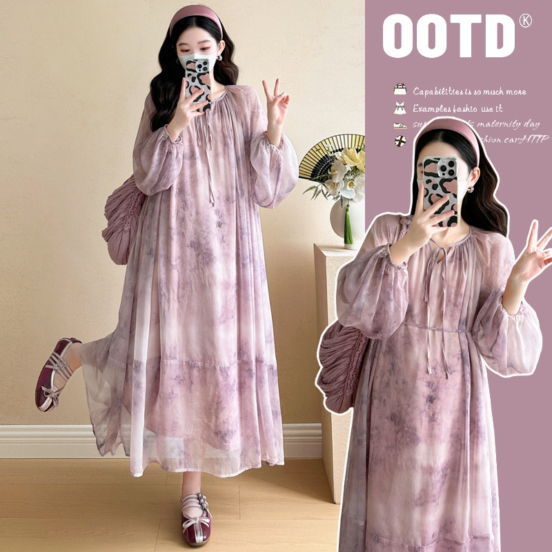 2025 Spring New Fashionable Thin Ink High-grade Medium-length Pregnant Belly Covering Temperament Hot Mom Pregnant Women dress