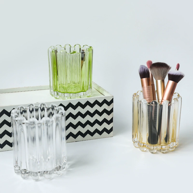 Brush, eyebrow pencil, pens holder, glass decorations, table storage system