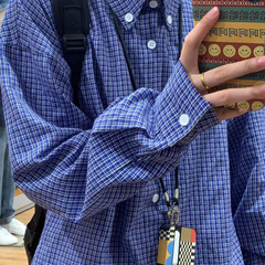 美式复古格纹衬衣蓝色慵懒风长袖衬衫男女春秋季百搭宽松格子外套