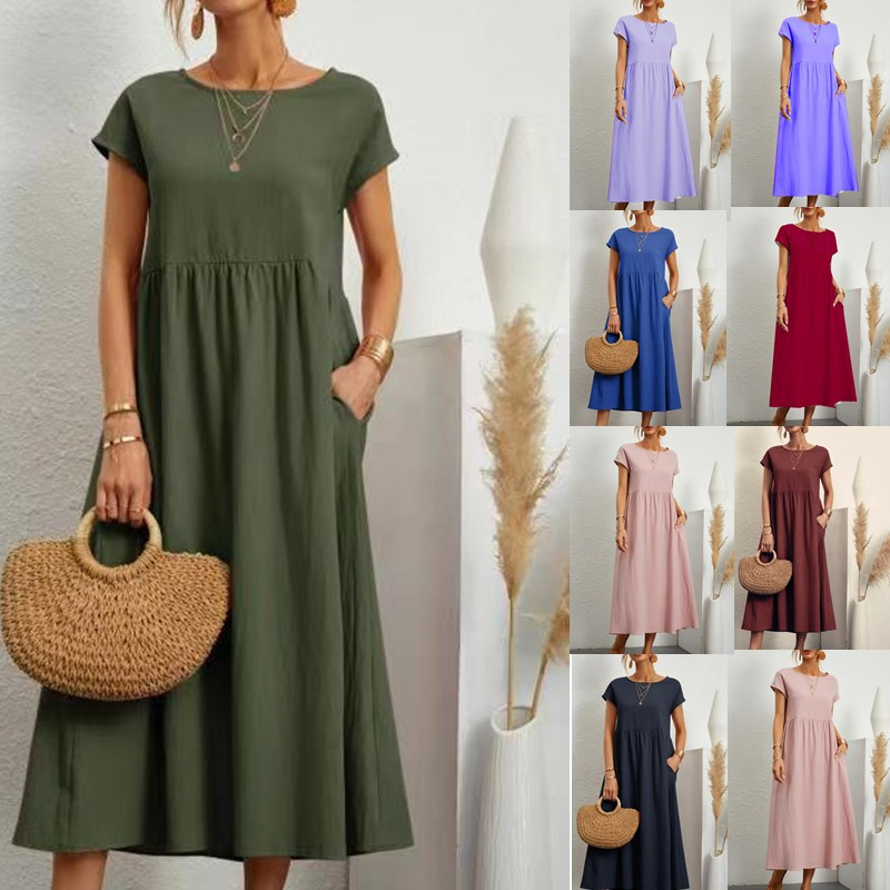 Amazon Aliexpress 2025 Ebay European and American Solid Color Sleeveless Loose Cotton and Linen Pocket Dress in Stock