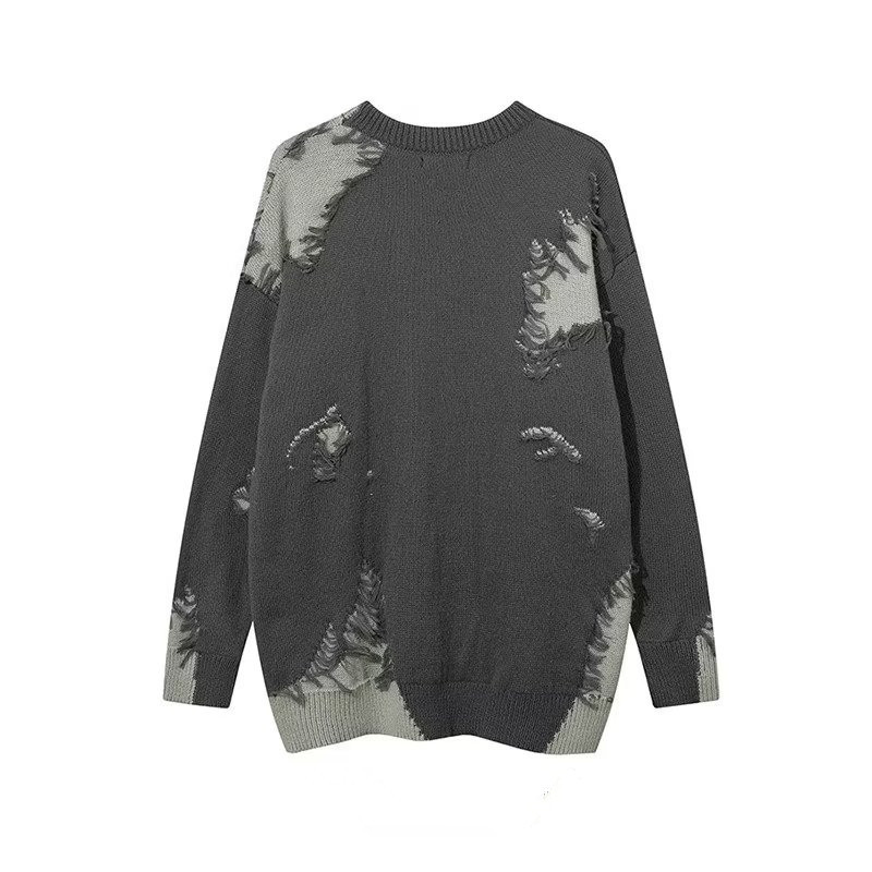 Men's Distressed Knit Sweater With Fringe & Patchwork Design - Oversized Unisex Pullover, Trendy High Street Style For Fall & Winter_voghion.com