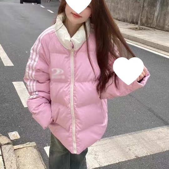 韩版甜美风印花粉色棉服外套女冬季新款学生拼接条纹保暖面包服潮