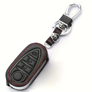 Suitable for Alfa Romeo key fobs: genuine leather car key case with buckle, protective shell, and red-edged stitching
