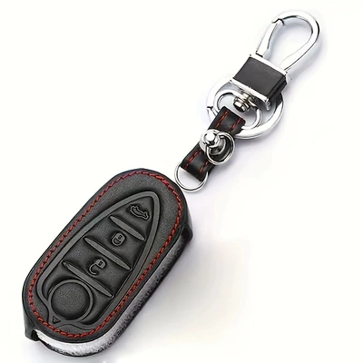 Suitable for Alfa Romeo key fobs: genuine leather car key case with buckle, protective shell, and red-edged stitching
