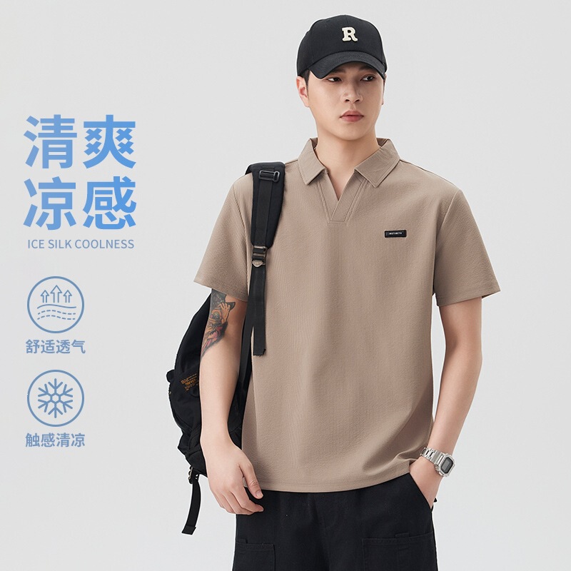 Summer men's short-sleeve polo shirt, ice silk cool and breathable, loose fit, V-neck, turn-down collar, trendy casual top Summer men's short-sleeve polo shirt, ice silk cool and breathable, loose fit, V-neck, turn-down collar, trendy casual top
