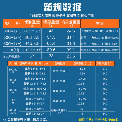 Golden jade plastic tank HDPE thickened food grade 150-2000ML solder paste tank explosive salt ink sealed can