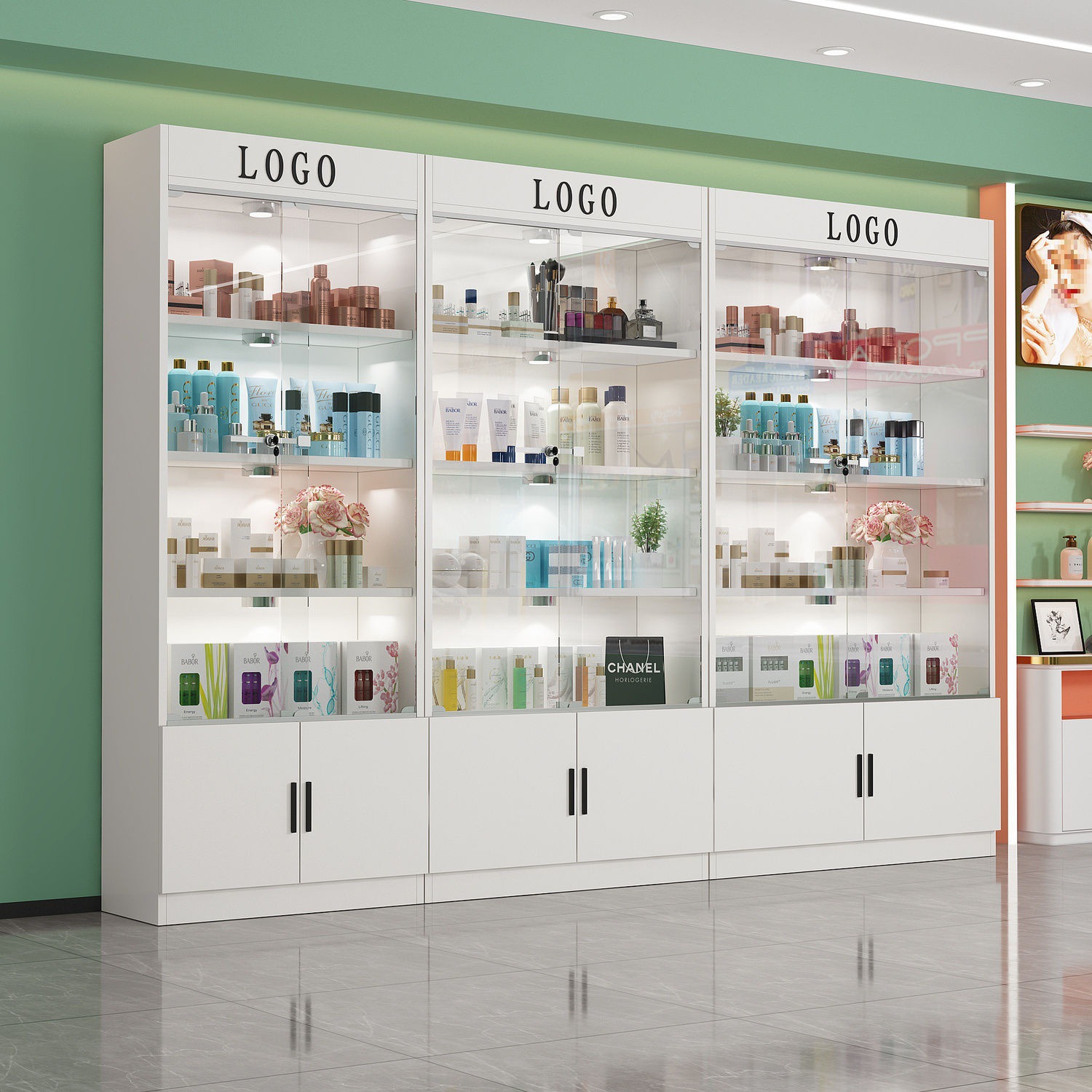 化妆品展示柜玻璃门带锁美容院套盒礼品柜理发店产品展示柜样品柜