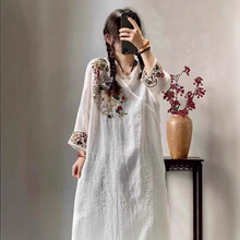 2025夏季棉麻连衣裙中国风刺绣大码女装高档宽松新款上衣中长裙子