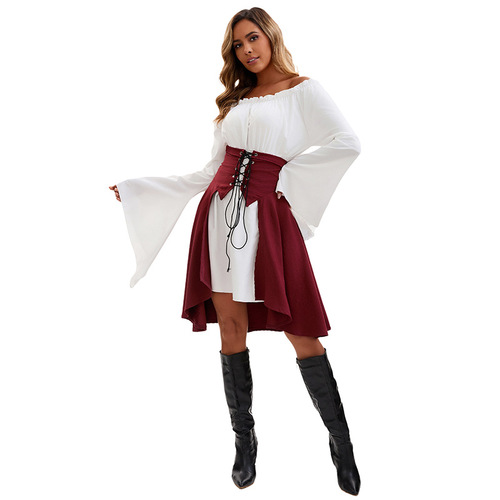 Halloween European and Medieval Renaissance Long Sleeve Bodice Corset Top Pirate Shirt Women Stage Performance Costume