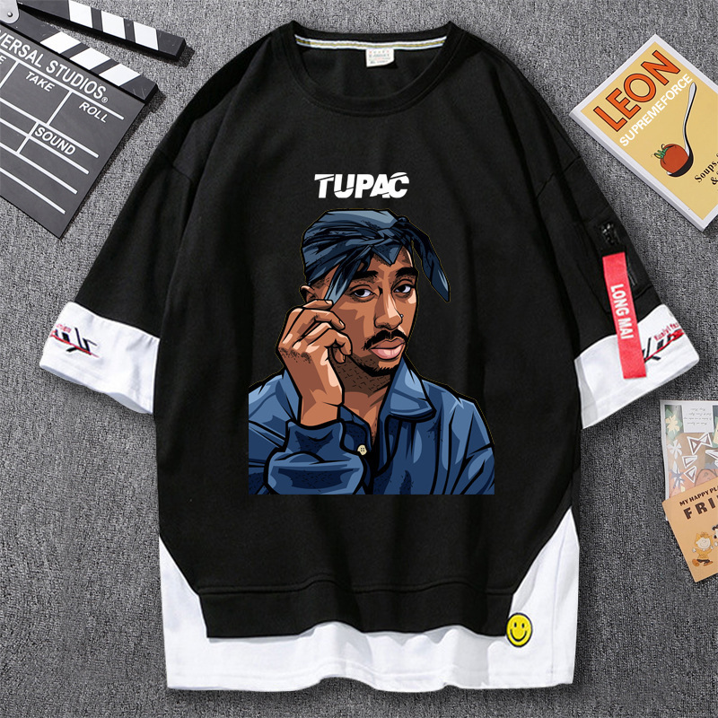 Amazon wish foreign trade rapper 2pac tupac tupac fake two short sleeve T-shirt men