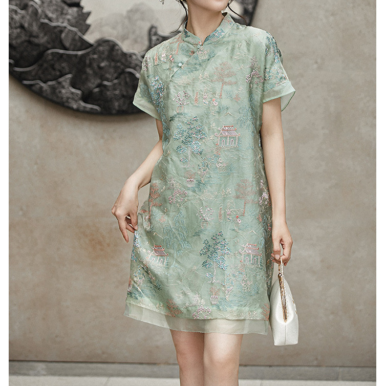 [Extended Style] Mulberry Silk Organza Heavy Embroidery New Chinese Style Cheongsam Silk Dress Women's Summer