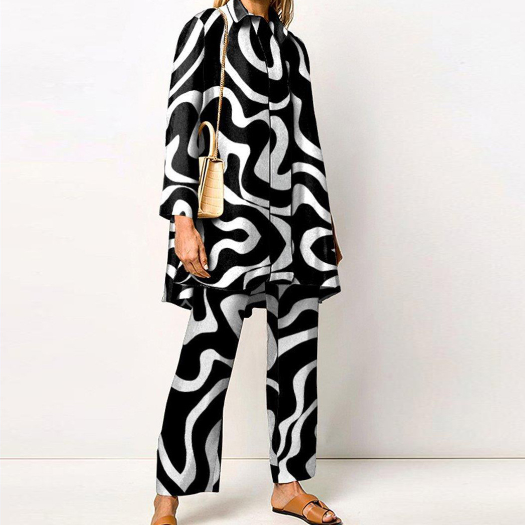 Completo pantalone donna primavera estate camicia stampa maniche_voghion.com