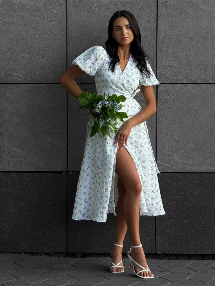 Đầm liền cotton in hoa cổ chữ V tay bồng buộc dây lưng cao — Hoa oải hương, Hoa tulip màu hồng, Màu be, Màu hồng chi tiết 94