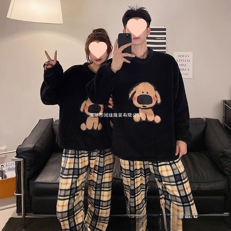 Warm Couple Wear Couple Plaid Round Neck Home Clothes Flannel Autumn and Winter Thickened Suit Pajamas Plus Velvet Cotton