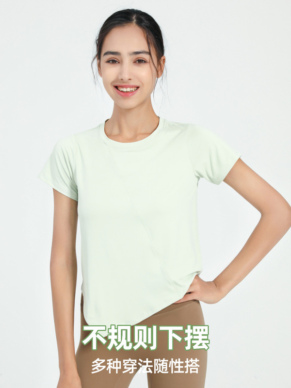 欧米のスポーツ上着の女性のゆるい速乾ヨガの半袖のランニングのブラウスのフィットネスの服のtシャツの不規則なネットの赤|undefined