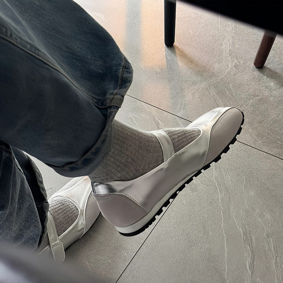 Ready in Stock ~ Goatskin Version Genuine Leather Silver Velcro Shallow Mouth Flats for Women New Summer French Ballet Mary Jane Shoes