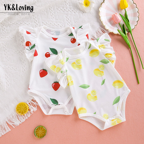 Factory direct sales  new summer baby newborn clothes printed lemon flying sleeves baby bag fart clothes