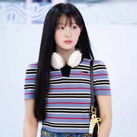 25夏季撞色翻领半开扣针织衫polo领条纹短袖t恤女夏季薄款上衣