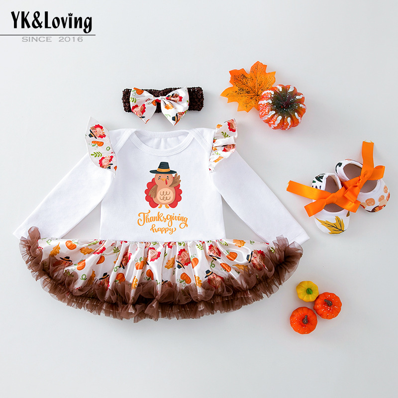 Cross-border special for Thanksgiving girl baby dress printing turkey long sleeve skirt shoes 3 pieces baby dress