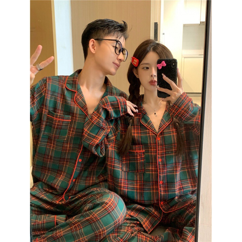 South Korea ins women's Korean-style autumn and winter Christmas red Green warm brushed contrast color plaid loose home wear suit women