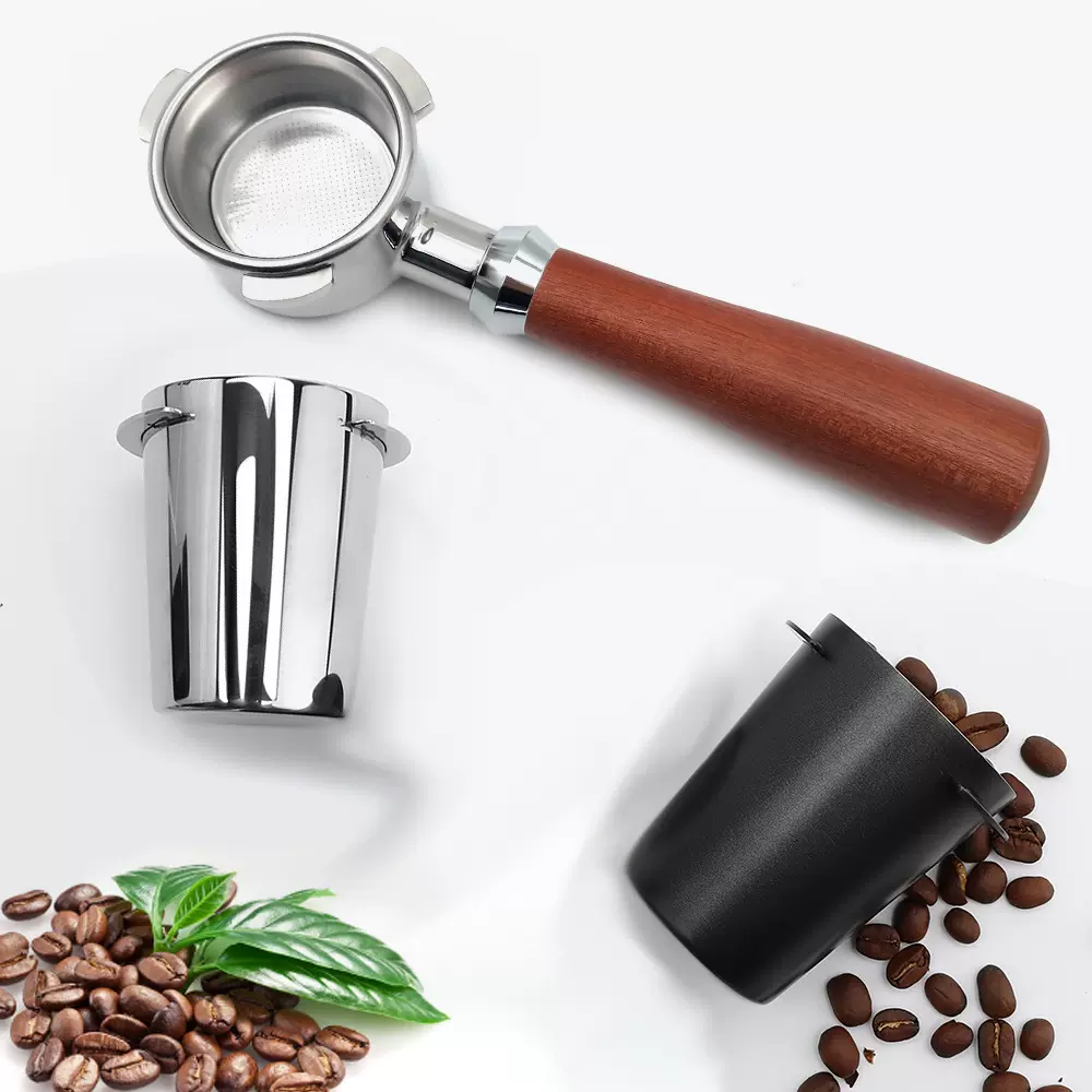 不锈钢接粉杯意式咖啡机54mm三耳无底实木手柄咖啡具套装宁波厂家