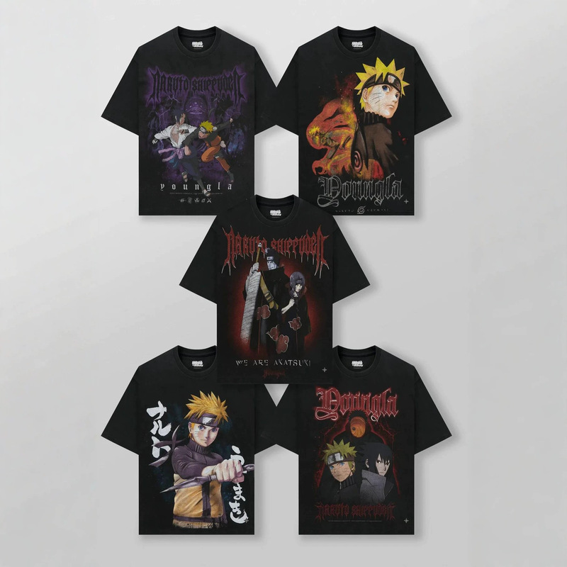 YOUNGLA x Naruto American-style trendy brand men's oversized T-shirt for jogging, sports, and fitness, loose-fitting cotton short-sleeve
