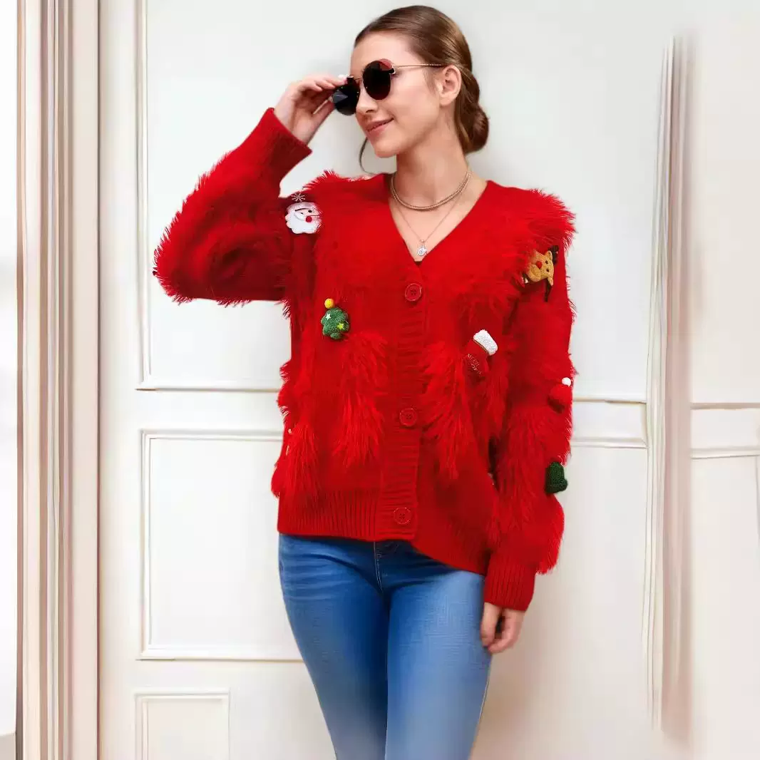 欧美跨境红色新年圣诞毛衣仿水貂绒圣诞立体装饰单排扣开衫外套女