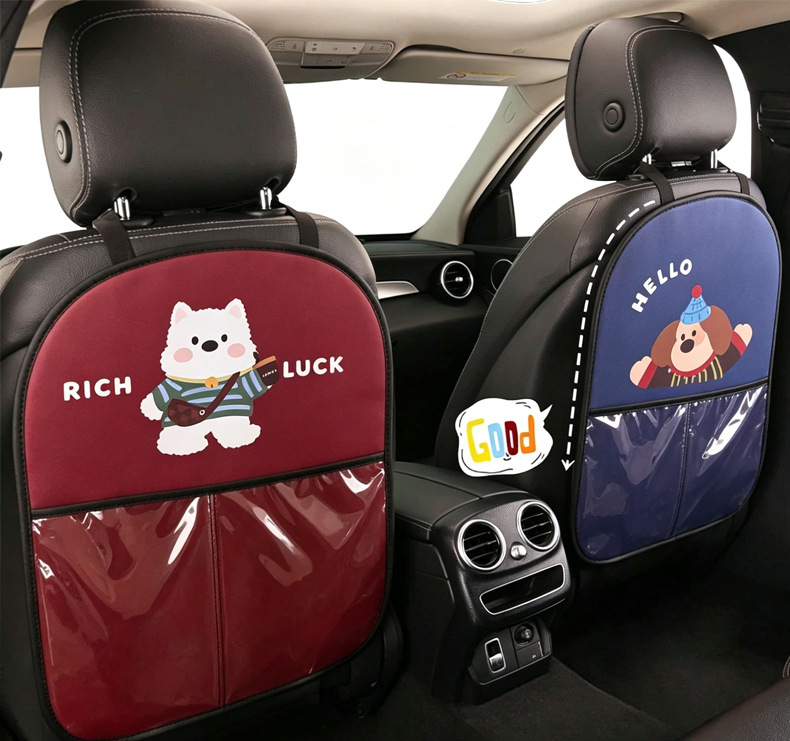 Women's Cute Cartoon Car Seat Back Anti-Kick Pad, Car Seat Back Anti-Stain Pad with Storage Strap