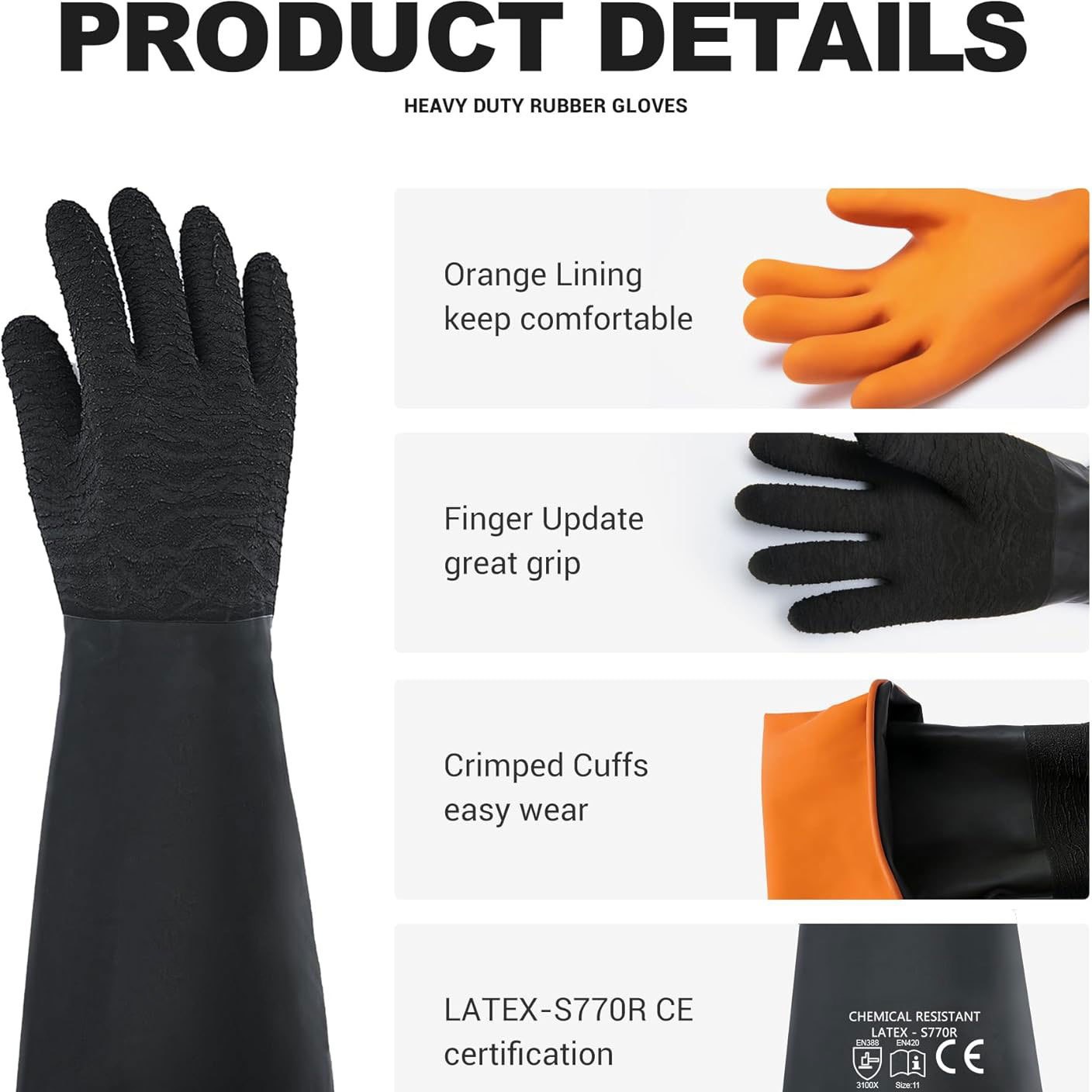 35CM guantes resistentes a ácidos y álcalis industriales de caucho arrugado industria química protección laboral anticorrosión espesado látex resistente al desgaste