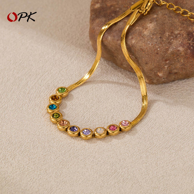 OPK歐美INS簡約手鍊女不鏽鋼彩色鋯石個性扁平刀片鏈鈦鋼手飾批發