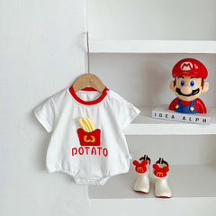 Baby summer clothes thin short-sleeved newborn one-piece bodysuit for men and women baby crawling clothes cute French fries khaki