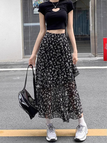 Chiffon Floral Ruffled High-Waisted Slit Skirt for Women | Spring/Summer Loose-Fitting, Slimming, and Versatile Midi Dress
