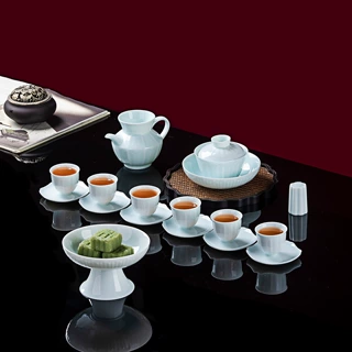 景德镇茶具高档影青瓷功夫茶具套装手工雕刻盖碗茶壶茶杯组合礼品