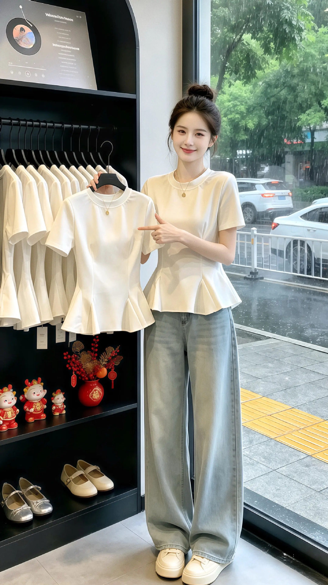 Áo thun nữ cổ tròn tay ngắn viền lá sen, dáng ôm sát — màu đen chi tiết 1