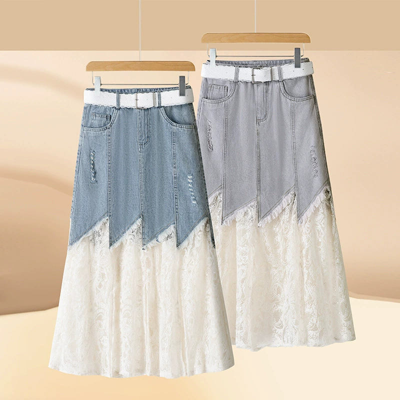 Джинсовая юбка для женщин с европейским кружевным декором, лето 2025, популярная, высокая талия, асимметричная, имитация двухслойной, средней длины