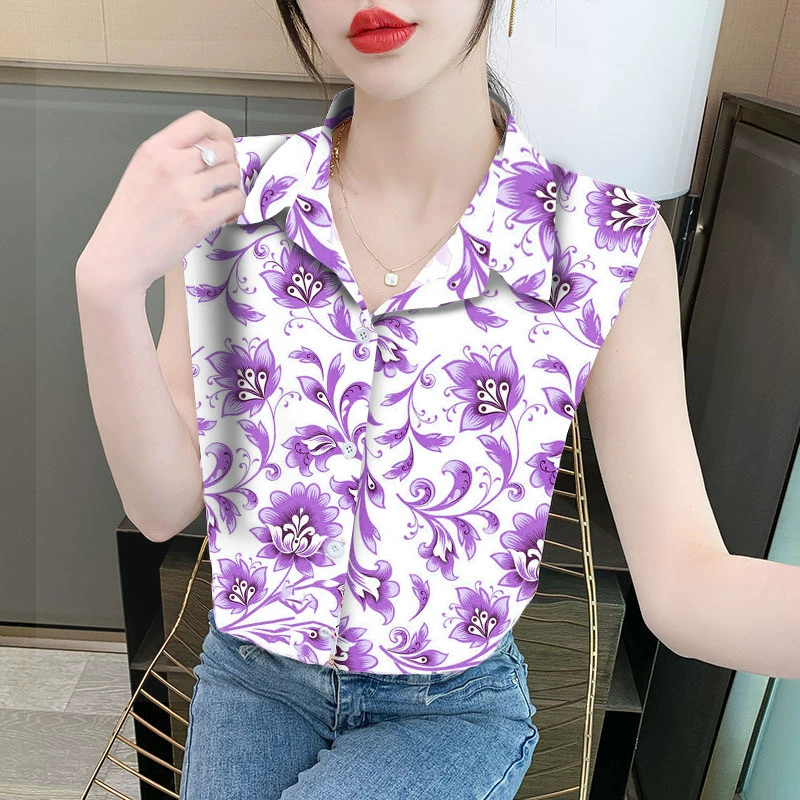 Женская свободная шифоновая блузка без рукавов с принтом на лацканах, с воротником поло, закрывающая живот, для трансграничной торговли