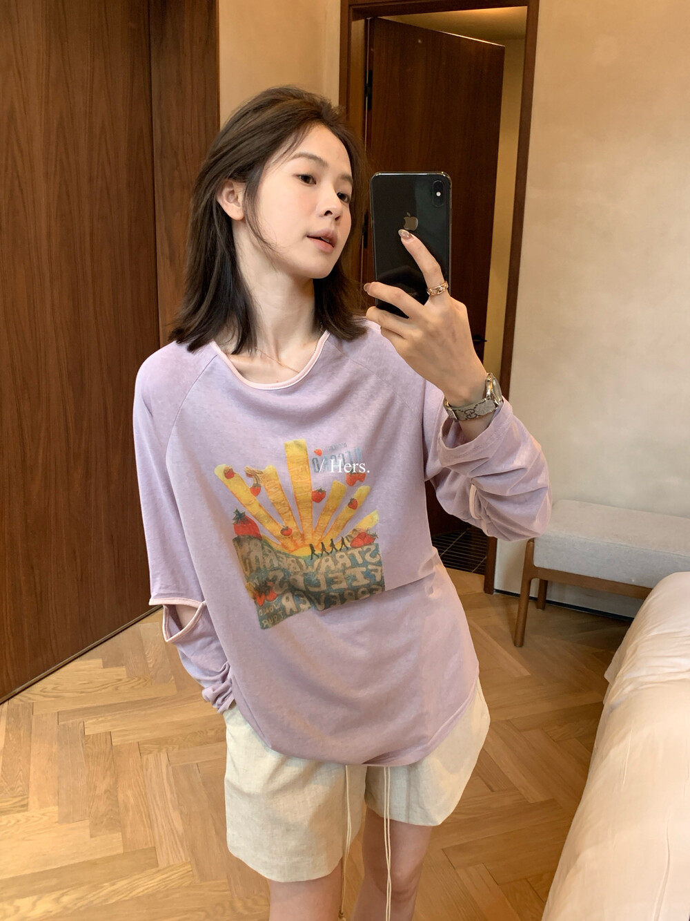Áo thun nữ tay dài in họa tiết hoạt hình, chất liệu mỏng nhẹ, form rộng thoải mái — Xám tím, màu trắng chi tiết 34