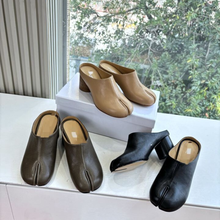 2026 Solid Color Genuine Leather Apple-Toe Ballet Chunky Heel Fashion Split-Toe Pig's Hoof Slippers 2026 Solid Color Genuine Leather Apple-Toe Ballet Chunky Heel Fashion Split-Toe Pig's Hoof Slippers