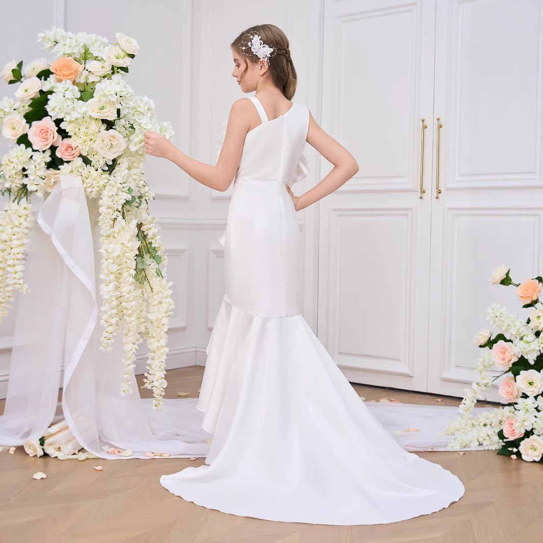 Europa y los Estados Unidos nuevos vestidos de noche de niños grandes vestidos de novia vestidos de niñas hombro único arrugado falda de cauda de pescado blanco vestido de niños