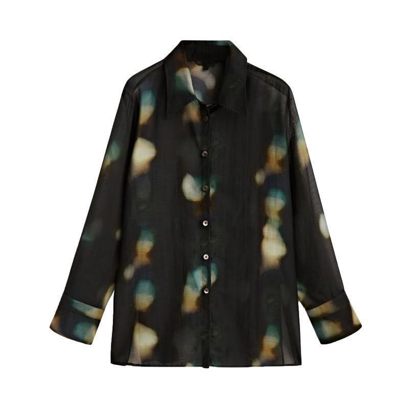 BM & MD & ZA summer new women's lapel long sleeve loose comfortable cotton printed tulle translucent shirt