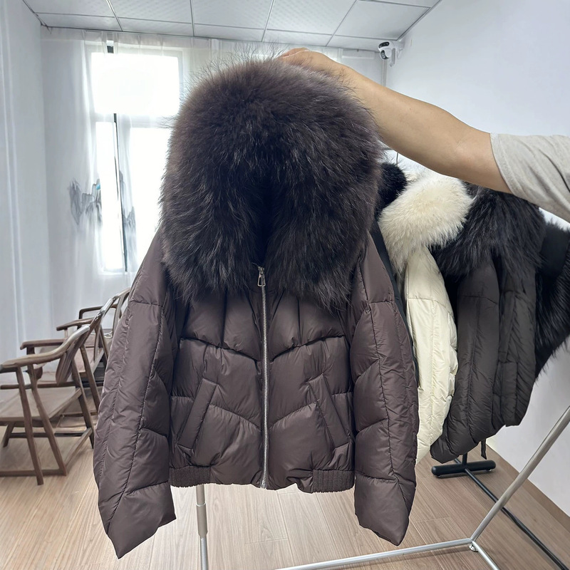 Women's New Autumn and Winter Style Natural Detachable Real Raccoon Fur Large Fur Collar Hooded Goose down Jacket Warm Coat