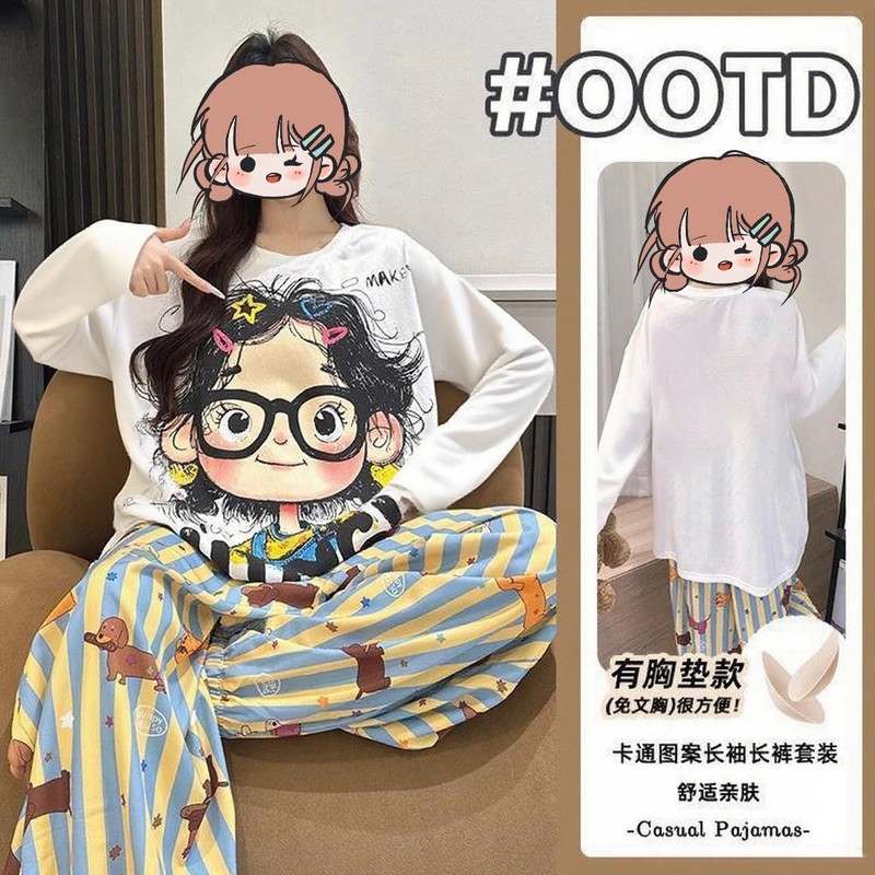 Live Broadcast Popular Cloud Cotton Pajamas for Women, Long-Sleeved Pants with Breast Pads, Cartoon Loose College Style Home Clothes for Women