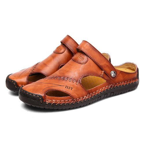 Summer and Autumn Men's Large Size Leather Sandals Men's Fashion Real Leather Beach Shoes Casual Slippers Men's Stitched Shoes