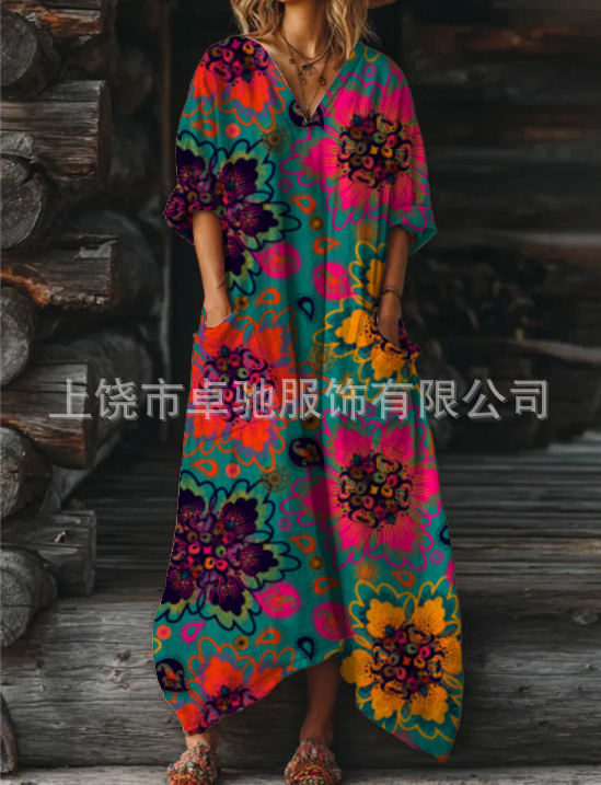 2025新款独立站女式复古花卉艺术图案印花口袋V领口袋连衣裙|undefined