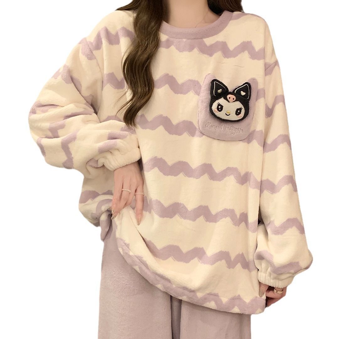 Pijamas transfronterizos de mujeres otoño y invierno nuevo engrosado de franela manga larga encantador conjunto de ropa cálida de dibujos animados japoneses