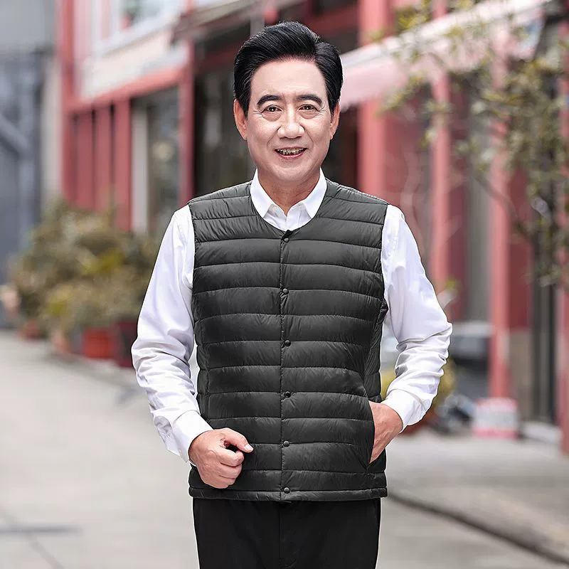 Осенне-зимний мужской пуховик для отца среднего и пожилого возраста, жилет для папы, жилет с круглым вырезом, подкладка на талию, легкая и теплая короткая верхняя одежда