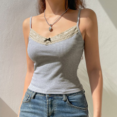 帶胸墊 夏季跨境女裝新款 歐美風BM辣妹性感蕾絲花邊吊帶背心上衣