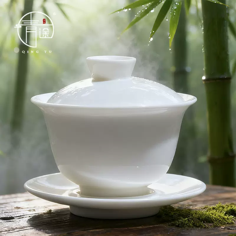 羊脂玉瓷茶具三才盖碗套装纯白瓷大号盖杯陶瓷防烫手泡冲茶器定制